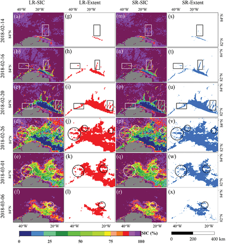 Figure 7. LR-SIC and SR-SIC at the representative periods of the polynya from opening to closing, where the corresponding polynya extent extracted from AMSR2 SIC using the threshold 75%, denoted as LR-Extent (filled in red) and SR-Extent (filled in blue). The AMSR2 images are acquired on 14, 16, 20, 26 February and on 1, 6 March, respectively. There are some narrow leads in the areas enclosed by boxes and some floating ices in the areas enclosed by circles.