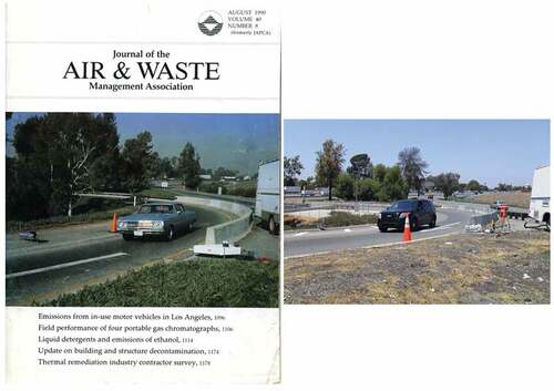 Figure 1. August 1990 Cover of the Journal of the Air & Waste Management Association showing the 1989 FEAT 1 setup on the northbound I-710 off-ramp to westbound Imperial Highway (left) and the same location used in 2018 with the current FEAT instrument setup for measurements (right).