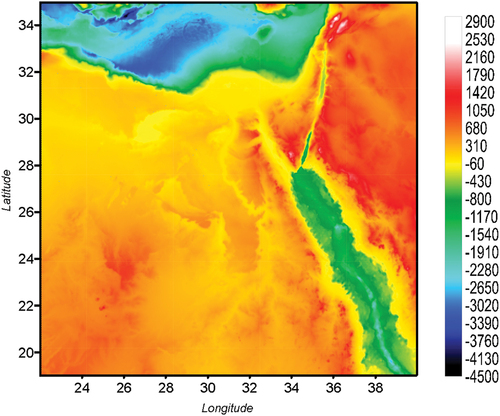 Figure 2. The fine 3′′×3′′digital terrain model EGH13S03, after (Abd-Elmotaal et al. Citation2013). Units in [m].