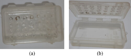 Figure 4. Plastic container for optimal use of PDMS: (a) Top view, and (b) Box in the open state (Tiwari et al., Filed on 18th December Citation2023).