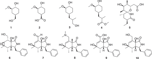 Figure 1. Fragments from FK 506 (Tacrolima) (1–4), sanglifehrin A (5) and cyctochalasin E (6–10)