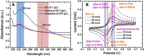 Figure 3 Analysis of the sensing material surface chemical structure with regards to optical and electrochemical properties. (A) Comparison of UV–vis absorbance spectra of GO, carboxyl-GO and graphene sheets dispersed in water. (B) Cyclic voltammetry analysis of different scan rates of carboxyl-GO and bare Au chips.Abbreviations: UV–vis, ultraviolet–visible; carboxyl-GO, carboxyl-graphene oxide; Au, gold.