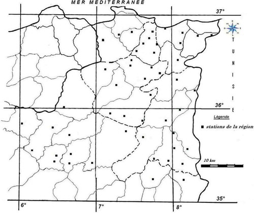 Fig. 1 Région d’étude et localisation des stations. Les bassins versants des deux grands oueds, la Seybouse et la Medjerda, sont délimités par une ligne discontinue.