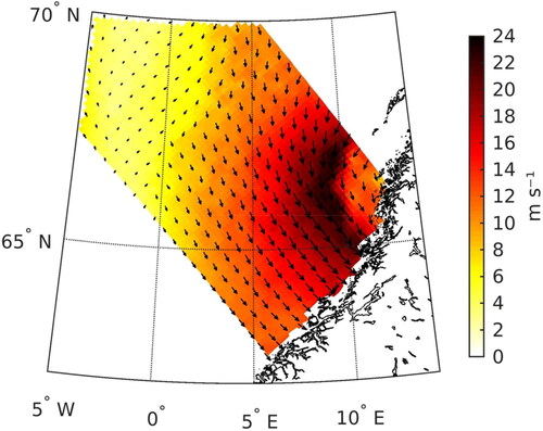 Fig. 5. Ocean surface wind speed (colour shading) and direction (arrows) derived from the observations of ASCAT on the 25 March 2019 at 18:40 UTC, when a PL (see Fig. 1a) was dissipating over the Norwegian coast.