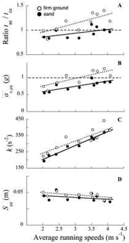 Figure 2. A: Average ratio between tce and tae, B: average vertical acceleration of the COM (a̅v,ce), C: vertical stiffness (k), D: vertical displacement during tce (Sce) during running on firm ground and on sand.