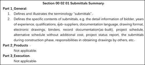 Figure 6. Section 00 02 01 submittals summary.