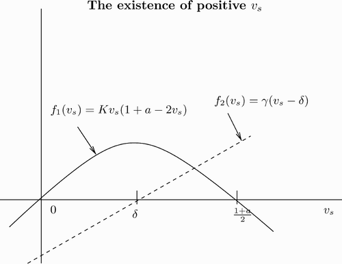 Figure 2. Plot of the left- and right-hand sides of EquationEquation (16) as function of v s. The region of A+D<0 is where the dashed line lies above the curve.