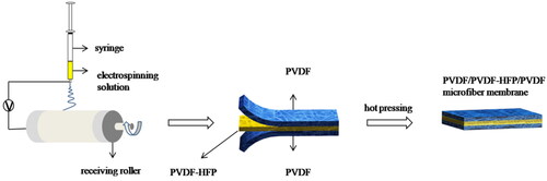 Figure 1. Schematic illustration of the preparation process of the PVDF/PVDF-HFP/PVDF composite microfibrous membrane.