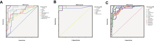 Figure 4 ROC curve analysis of metabolites in the different groups. ROC curve analysis of differential metabolites between groups A and B (A), groups C and D (B), and groups E and F (C).