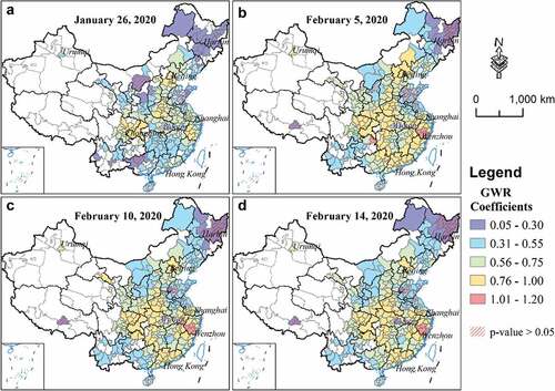 Figure 4. Spatial distributions of coefficients in GWR models. The dependent variable is the accumulative confirmed COVID-19 cases in Chinese cities, and the explanatory variable is the total outflows from Wuhan to each city during January 1th – 24th, 2020. Both explanatory variable and dependent variable are in logarithm scales. Cities with non-significant (p > 0.05) coefficients are marked by oblique lines in red.