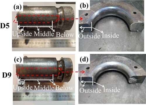 Figure 2. The schematic illustrations of hypereutectic Al–Si alloy cylindrical samples with different inner gate structures: (a, b) the depth of the curved inner gate is 5 mm (D5) and (c, d) the depth of the curved inner gate is 9 mm (D9).