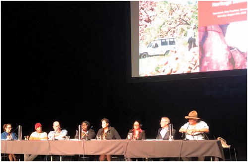 Figure 1. The Summit’s Aboriginal panel, including Daryl Pappin and Denis Rose (left), Tootsie Daniel, Raelene Cooper, Audrey Cosmos and Wilfred Hicks.