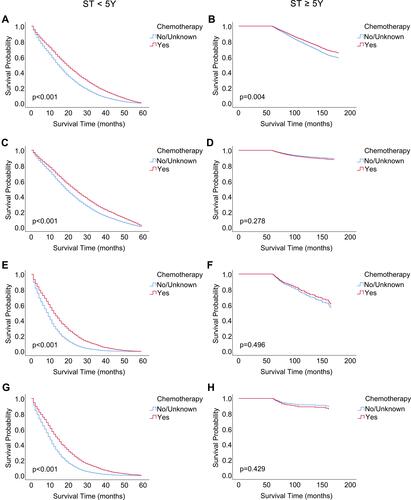 Figure 4 Survival analysis of chemotherapy in MA and SRCC patients with ST<5Y and ST≥5Y.