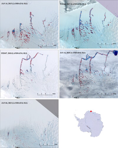 Figure 13. Changes in the melt patterns and their extent at Dronning Maud Land. Note that the melt extent has been expanding north since 2015, and a significant melt occurred in mid-January 2020. The melt is so significant that the horizontal branch of it (at the top) extends to more than 45 km, but in January 2023, the melt is not so remarkable. The average 2-m air temperature for January and February was −8.86 for 2015, −7.27 for 2017, −7.8 for 2018, −7.53 for 2020, and −9.19 for 2023. 