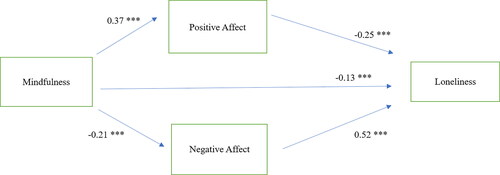 Figure 2. Standardized estimates of mindfulness, positive and negative affect, and loneliness.
