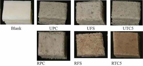 Figure 1. Appearance of the various banana rice cakes produced in this study (A sample name beginning with U or R indicates the use of unripe and ripe bananas, respectively. The characters after U and R indicate the banana variety employed).