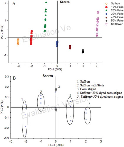 FIGURE 6 Plot of PCA for: (a) saffron, safflower, and their mixture; (b) saffron, yellow style, corn stigma, and their mixtures.