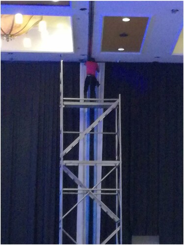 Figure 1. An employee on a scaffolding with missing guardrails. Picture courtesy of K. Khiba.