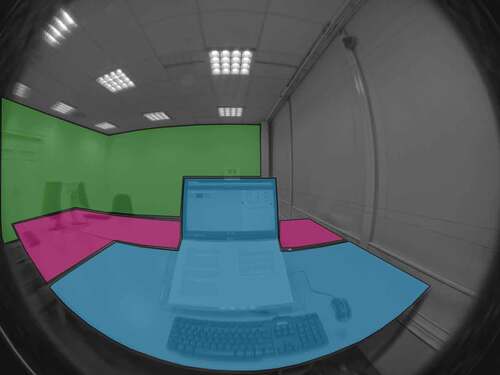 Fig. 6. Mask areas used when analyzing the high-dynamic-range images of participants’ preferred scenes (blue for the task area, pink for the surrounding area, and green for the background area)