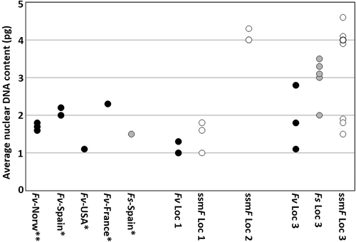 Fig. 14. Average nuclear DNA content (2C; pg) in Fucus vesiculosus (Fv, black circles), F. spiralis (Fs, grey circles) and small salt marsh Fucus (ssmF, white circles). Data from Illaunnginga (Locality 1), Clifden (Locality 2) and Achill Sound (Locality 3) are shown, together with unpublished data from Norway (**) and earlier published data (*) from Spain (Gómez Garreta et al., Citation2010), USA (Kapraun, Citation2005) and France (Phillips et al., Citation2011, recalculation from Peters et al., Citation2004).