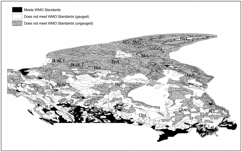 Figure 4 Spatial distribution of areas that meet and those that do not meet the WMO (Citation2008) minimum standards with provincial boundaries.