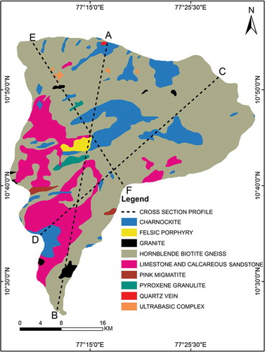 Figure 2. Geology of the Uppar Odai sub-basin, mostly covered by Precambrian crystalline rocks. The map also shows sections of geo-electrical resistivity profiles (AB: NNE–SSW, CD: NE–SW and EF: NW–SE).