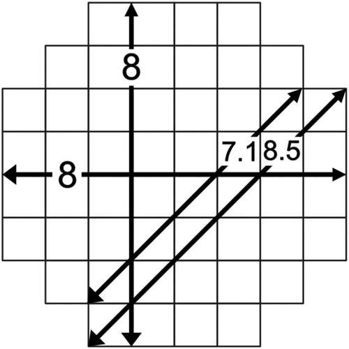 Figure 1. A neighborhood of the (8,2)-form (set of cells). Measurements of the lateral and diagonal widths are displayed at each of the double arrows.