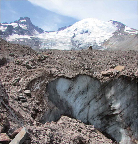 Figure 2. View across the debris-covered terminus of Emmons Glacier toward the summit of Mount Rainier (right) and Little Tahoma (left). Field measurements in 2014 took place just beyond the triangle-shaped boulder rising above the debris-covered ice in the middle ground.