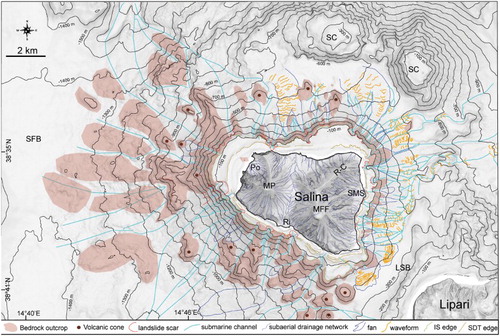 Figure 3. Morphological map of Salina offshore, showing the main volcanic and erosive-depositional features; acronyms as in Figure 1.