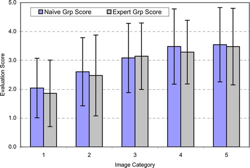 Figure 6. The average visual assessment score for all the images of each category across all participants in the naïve and expert groups (error bars show one standard deviation). [Color version available online.]