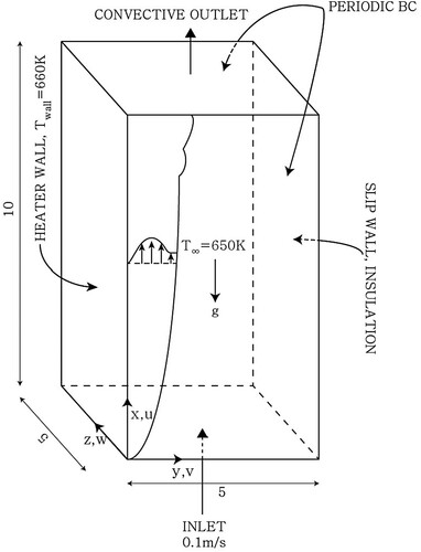Figure 1. Schematic diagram of the computational domain and boundary conditions for simulations of natural convection on a vertical flat plate.
