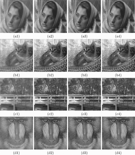 Figure 5. (a1), (b1), (c1), (d1) blurred images degraded by AB(5)/40, AB(7)/40, AB(7)/40, AB(9)/30, respectively; (a2), (b2), (c2), (d2) corresponding restored images by Fast-TV; (a3), (b3), (c3), (d3) corresponding restored images by Fl0; (a4), (b4), (c4), (d4) corresponding restored images by Fl0pro.
