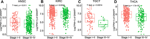 Figure 2 Pan-cancer GIMAP7 expression in different cancer stages as defined by World Health Organization. (A–D) Comparison of GIMAP7 expression in the early and advanced stages of different tumours.