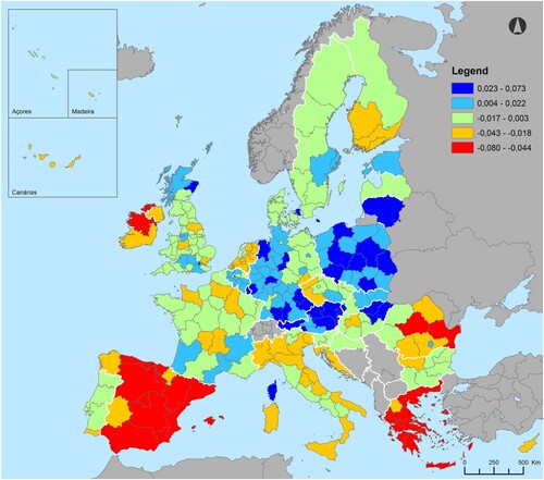 Figure 2. RDI change in the EU, 2008–2014.Source: Eurostat; authors’ calculations.