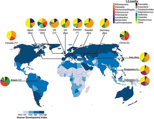 Figure 3. Intestinal bacteria composition in infants aged 1–2 months from diverse populations around the world. Pie chart color: bacterial taxa: human development index (http://hdr.undp.org/en/composite/HDI); *values were estimated from graph; a Bifidobacteria spp. were not detected using 16 S rRNA library technique; however, quantitative polymerase chain reaction detected Bifidobacteria spp. at 1 month which was the only tested timepoint; Country (age in months unless otherwise stated; w: weeks).
