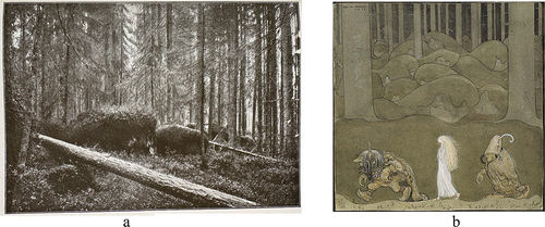 Figure 4. Here, I have placed a photograph from my empirical material in relation to one of John Bauer’s artworks to illustrate the pictorial attributes of the primeval national park forests underlined in the yearbooks. Figure 4.a. showcases a photograph from the yearbook of 1904. It depicts the area of Hamra and was taken by Gunnar Andersson and Henrik Hesselman (Boheman, Citation1904, p. PL.8). Like John Bauers’ painting called ‘The Princess and the Trolls’ painted in 1913 (Figure 4.b.), the forest depicted in Hamra has fir trees that create a dense and dark atmosphere in which a thick layer of moss covers the ground as well as the big stones. Especially old trees and the presence of mosses and lichen are highlighted as central elements in these kinds of forests by the yearbooks. Source: available at www.digitaltmuseum.se, identification number: NMB 363, public domain.