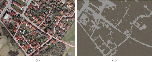 Figure 14. Road extraction results of UAV images in Munich. (a) Extraction result with red edge. (b) Extraction result with intensity average. Source: Koch et al. (Citation2016).