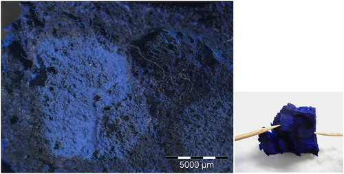 Figure 3. SFR laser, specimen with loosely-adhered dirt (right), irradiated with Fl = 2.8 J/cm2, E nom. = 450 mJ, spot = 4.5 mm, f = 1 Hz. On the left, a detail of the area after cleaning can be seen as a lighter blue (therefore altered) area.