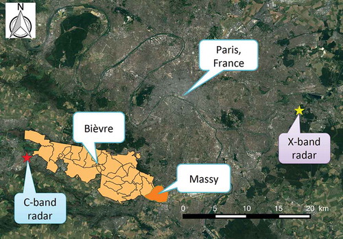 Figure 1. Bièvre catchment, Massy sub-catchment, C-band radar and X-band radar locations.