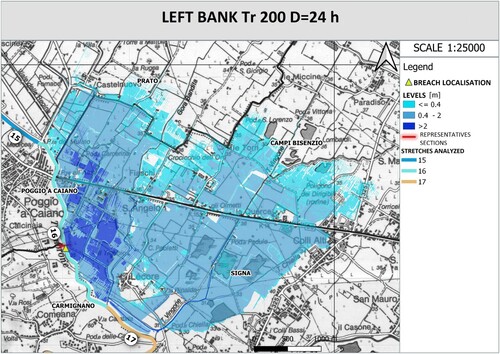 Figure 8. Example of the flooded area induced by the potential levee breach for left bank cross-section number 16.