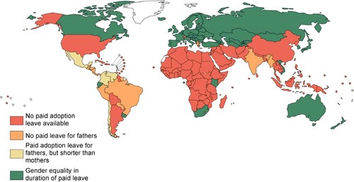 Figure 5. Gender gaps in the duration of paid leave for adoption in families with two different-sex parents.