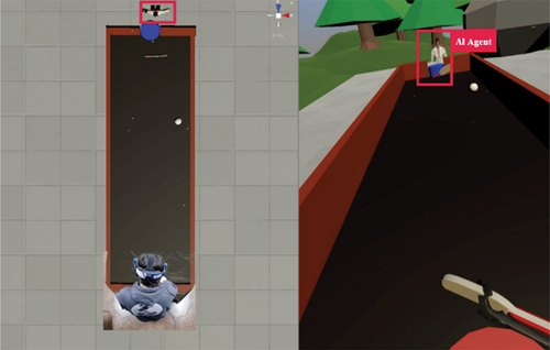 Figure 2. PvA (Player vs. AI Agent) play. The left image shows the participant playing the VR Showdown, using a green screen. The right image shows the AI Agent and participant’s virtual racket.