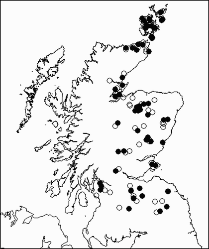 Figure 1. The distribution of sites surveyed for breeding waders in Scotland in 1992 and 2005. Filled squares indicate sites with agri-environment management agreements for breeding waders under one or more options listed in Table 1; open squares indicate sites not under agri-environment management.