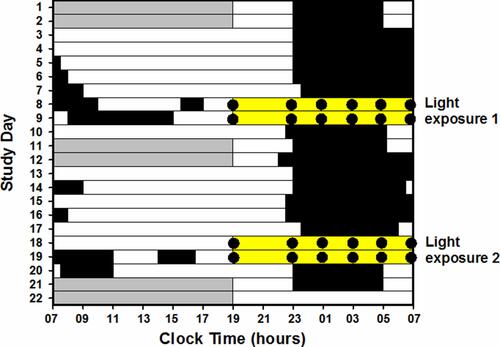 Figure 1 Schematic representation of protocol for an example participant. Black bars represent sleep episodes, grey bars represent day shifts, yellow bars represent night shifts with light exposure analysed. Closed circles represent scheduled testing during night shifts. Where possible the order of light exposure conditions (traditional: 43 lux, 4000 K; intervention: 106 lux, 17,000 K) were counterbalanced between shift roster groups.