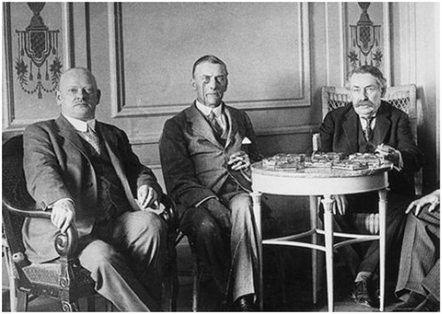 Figure 3. Gustav Streseman, Austen Chamberlain, and Aristide Briand. Source: Wikipedia.