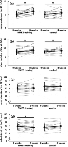 Figure 8. Shear modulus of the rectus femoris (RF) (a) and vastus lateralis (VL) (b) and echo intensity of the RF (c) and VL (d) before (0 weeks) and after (8 weeks) the 8-week intervention in the neuromuscular electrical stimulation (NMES) training (n = 21) and control (n = 18) groups.