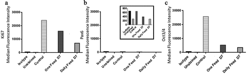 Figure 7. Ki67 and PAX6 and OCT3/4 median fluorescence intensity (MedFI) values. Ki67(a) and OCT3/4 (c) were both highly expressed in both conditions. (b) PAX6 expression levels were lower in comparison to OCT3/4 and Ki67, inset shows the very low levels of PAX6, all conditions were under 800 for their MedFI values. Ki67 and OCT3/4 decreased from day six to seven, resulting in lower expression level overall when compared to the control (day 0) and both conditions at day seven