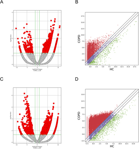 Figure 2 Differential expression of lncRNAs and mRNAs in plasma exosomes obtained from patients with sCOPD. (A and C) Volcano plots suggesting the differential expression of lncRNAs and mRNAs between sCOPD and normal control plasma samples. The red squares show the differentially expressed lncRNAs and mRNAs identified by sequencing. The vertical line marks the 2.0-fold (log2 scaled) upward or downward changes. The horizontal line marks the p-value of 0.05 (−log10 scaled). (B and D) Scatter plots distribution of lncRNAs and mRNAs.