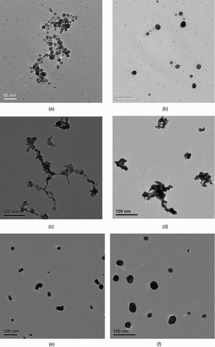 FIG. 3 TEM images of spark-generated metal nanoparticle agglomerates at different sintering temperatures. (a) Silver agglomerate at RT. (b) Silver agglomerates sintered at 200°C. (c) Gold agglomerates at RT. (d) Gold agglomerates sintered at 200°C. (e) Gold agglomerates sintered at 400°C. (f) Gold agglomerates sintered at 600°C. (g) Nickel agglomerates at RT. (h) Nickel agglomerates sintered at 400°C. (i) Nickel agglomerates sintered at 800°C. (j) Nickel agglomerates sintered at 1000°C. (Continued)