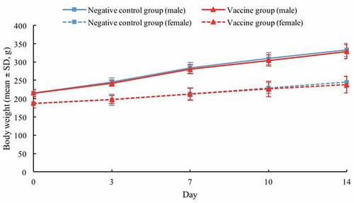 Figure 1. Body weight changes of SD rats between negative control and vaccine groups